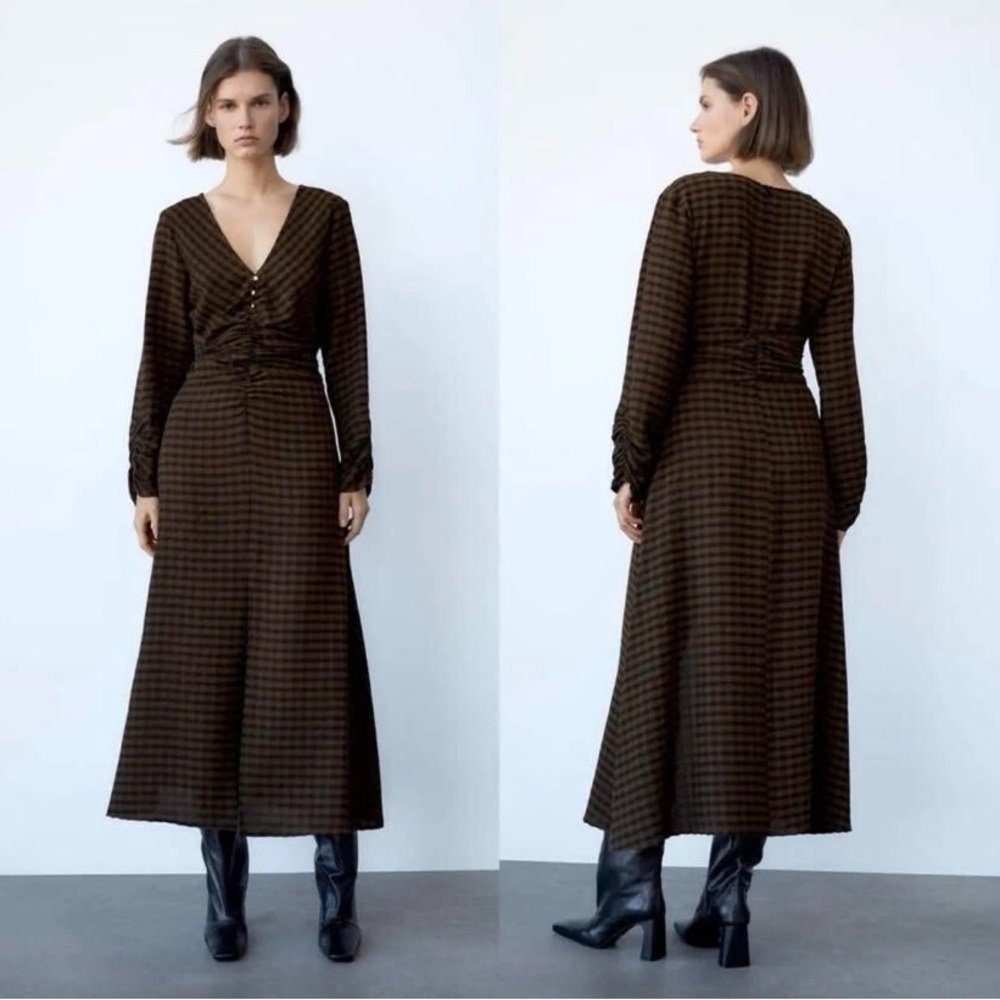 Zara Gingham Checkered Long Sleeve Dress NWT